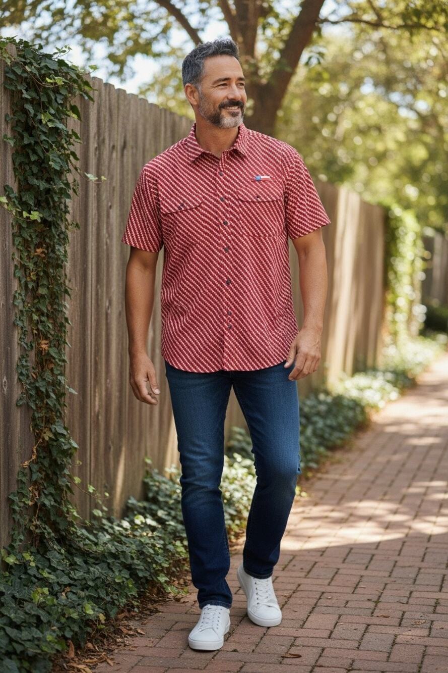 Magellan Outdoors Men's SS  Red/Black Texas State Pattern Print Size 3XL